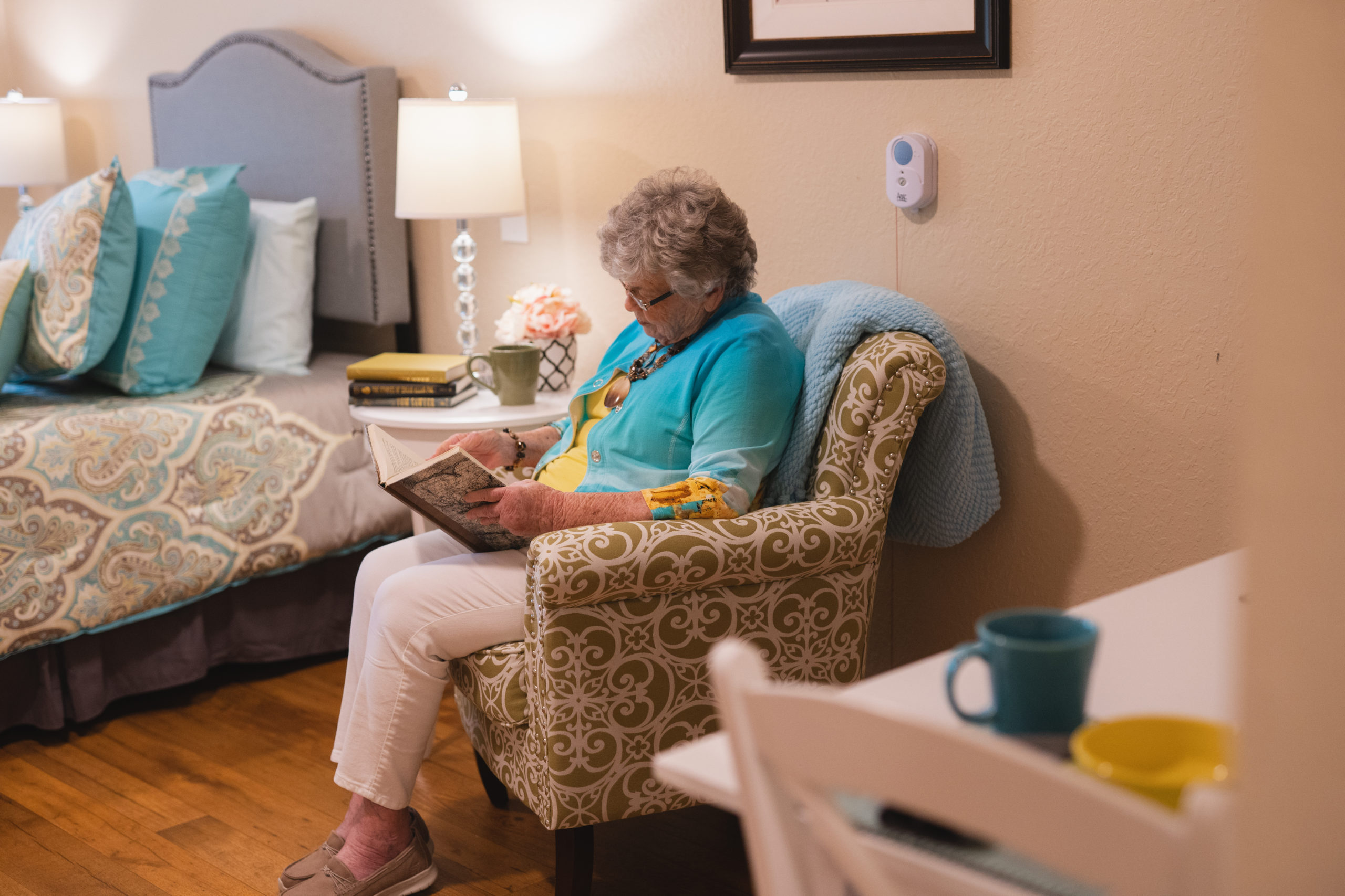 Senior woman sitting in armchair in her apartment reading a book